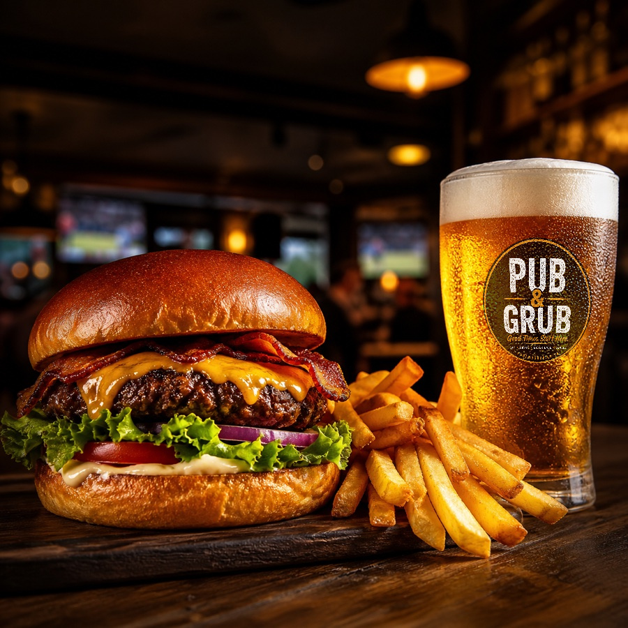 Gourmet burger, fries and a cold beer in a warm pub setting
