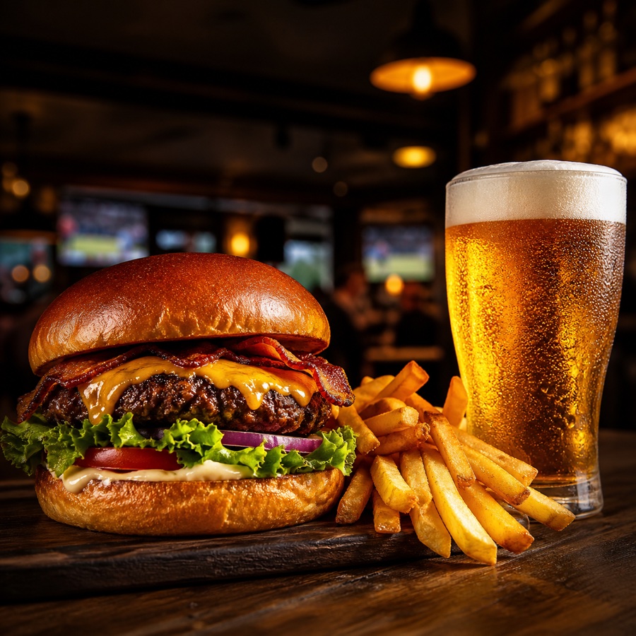 Gourmet burger, fries and a cold beer in a warm pub setting